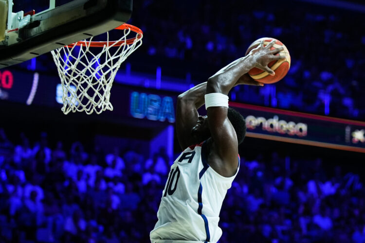 August 13, 2023: Anthony Edwards of USA in action during City of Malaga Tournament for the Centenary of the FEB, basketball match played between Spain and USA at Palacio de Deportes Jose Maria Martin Carpena on August 13, 2023, in Malaga, Spain. || 274388_0024  2023 basketball PRESS sport zagency zlast24 zselect ZSPORT Zuma ZUMAPRESS.com zwire